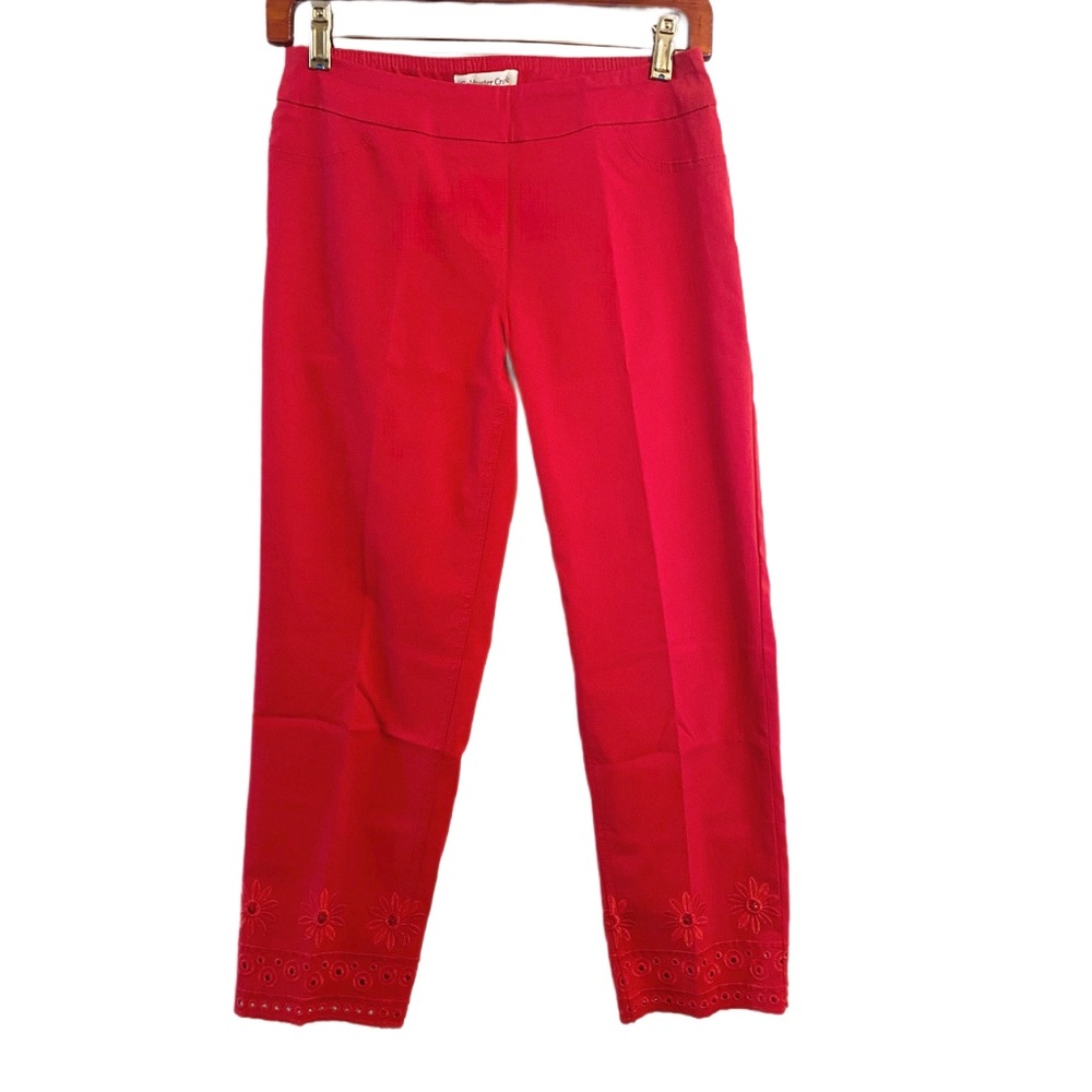 NWOT Coldwater Creek Vibrant Red Pull On Stretch Pant Floral Eyelet Hem Size 4P